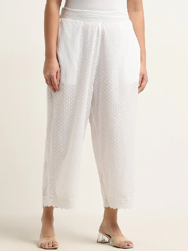 Comfy Outerwear Diza White Self-Patterned High-Rise Cotton Ethnic Pants