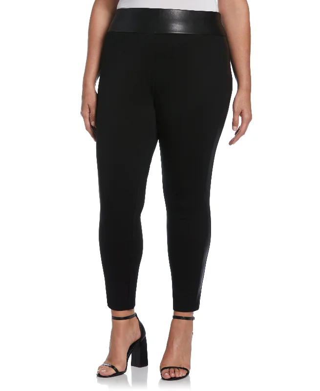Elegant And Noble Plus Size Vegan Leather Trimmed Pull-On Pant