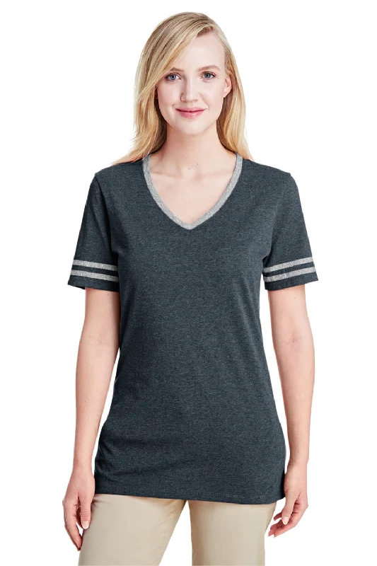 Simple Chic Jerzees Womens Varsity Ringer Moisture Wicking Short Sleeve V-Neck T-Shirt - Heather Black/Oxford Grey - Closeout Simple Chic Jerzees Womens Varsity Ringer Moisture Wicking Short Sleeve V-Neck T-Shirt - Heather Black/Oxford Grey - Closeout