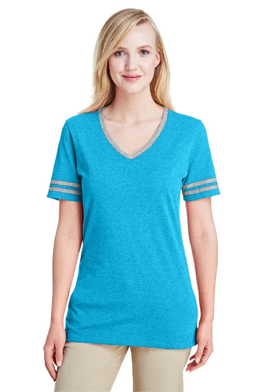 Smart Comfort Wear Jerzees Womens Varsity Ringer Moisture Wicking Short Sleeve V-Neck T-Shirt - Heather Caribbean Blue/Oxford Grey - Closeout Smart Comfort Wear Jerzees Womens Varsity Ringer Moisture Wicking Short Sleeve V-Neck T-Shirt - Heather Caribbean Blue/Oxford Grey - Closeout