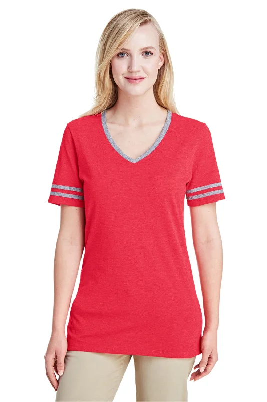 Versatile Outfits Jerzees Womens Varsity Ringer Moisture Wicking Short Sleeve V-Neck T-Shirt - Heather Fiery Red/Oxford Grey - Closeout Versatile Outfits Jerzees Womens Varsity Ringer Moisture Wicking Short Sleeve V-Neck T-Shirt - Heather Fiery Red/Oxford Grey - Closeout