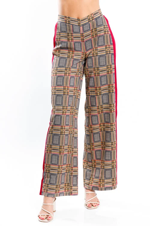 Celebrity Style High Rise Multi Color Plaid Wide Leg Pants with Contrast Burgundy Stripe (JP9015) Celebrity Style High Rise Multi Color Plaid Wide Leg Pants with Contrast Burgundy Stripe (JP9015)