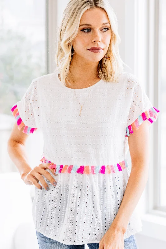 Soft Materials Live Your Life White Eyelet Tassel Top