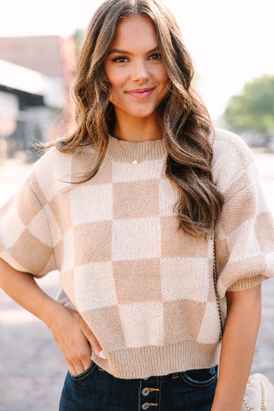 Soft Sweaters Love Like That Latte Brown Checkered Crop Sweater