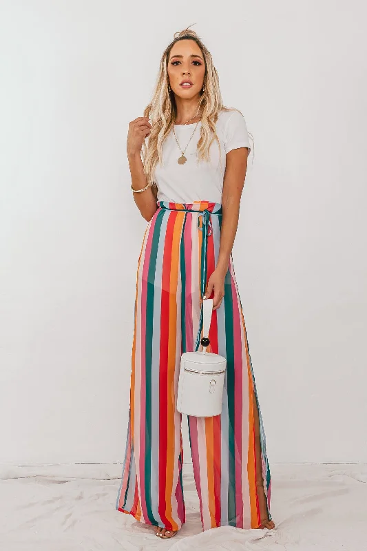 Short Design Multi-Color Stripe Pants with Side Slits