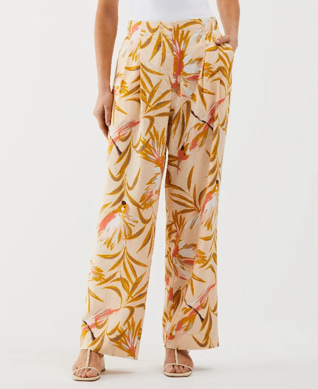 Unique Design Petite Paradise Print Linen Blend Pleated Wide Leg Pant