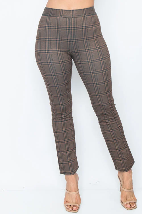 Comfortable Dresses Cropped Dress Pants with Stretch Waistband in Honey Brown Plaid (PH23950) Comfortable Dresses Cropped Dress Pants with Stretch Waistband in Honey Brown Plaid (PH23950)