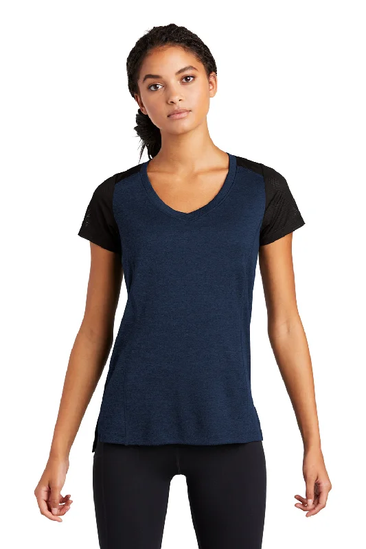 Sweet Style Sport-Tek Womens Endeavor Moisture Wicking Short Sleeve V-Neck T-Shirt - Heather Dark Royal Blue/Black Sweet Style Sport-Tek Womens Endeavor Moisture Wicking Short Sleeve V-Neck T-Shirt - Heather Dark Royal Blue/Black