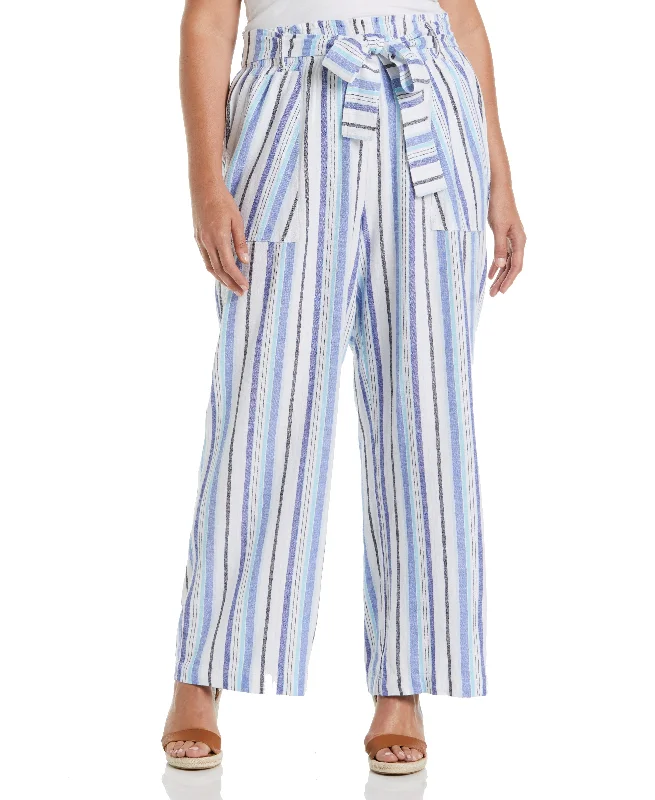Versatile Items Plus Size Stripe Wide Leg Linen Blend Paper Bag Pant