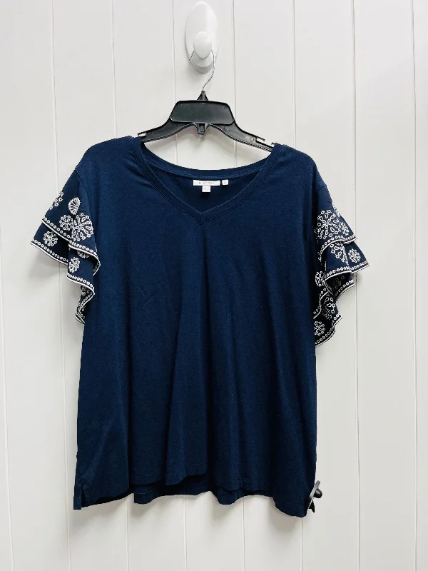 Knitted Design Top Short Sleeve By Chicos In Blue & White, Size: Xxl