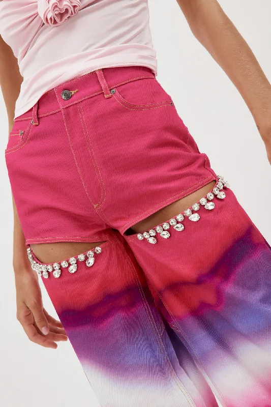 Exclusive Customization Wide Leg Crystal Slit Ombre Pink Multi Jean