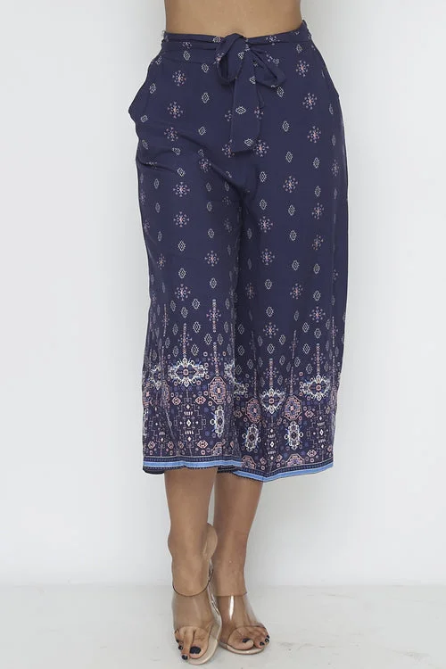 Energy Plan Navy Geometric Print Palazzo Capri Pants with Waist Tie (YD8CLT01-05)