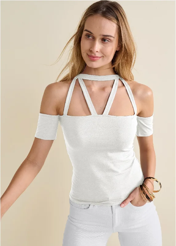 Puffer Jackets Strappy Open Shoulder Top - Off White