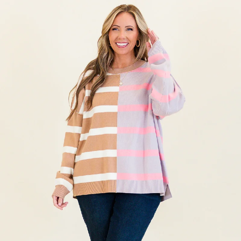 Urban Style Bold Stripes Sweater, Brown-Grey