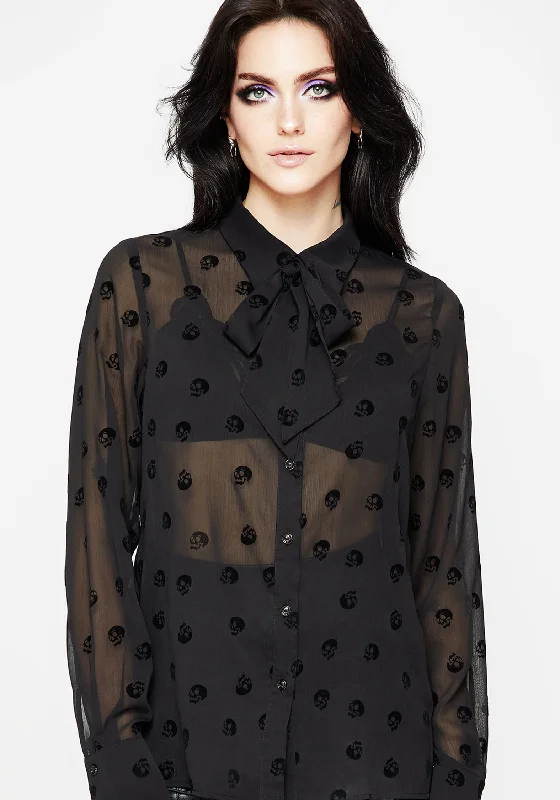 Breezy Comfort Bones Flocked Chiffon Button Up Blouse