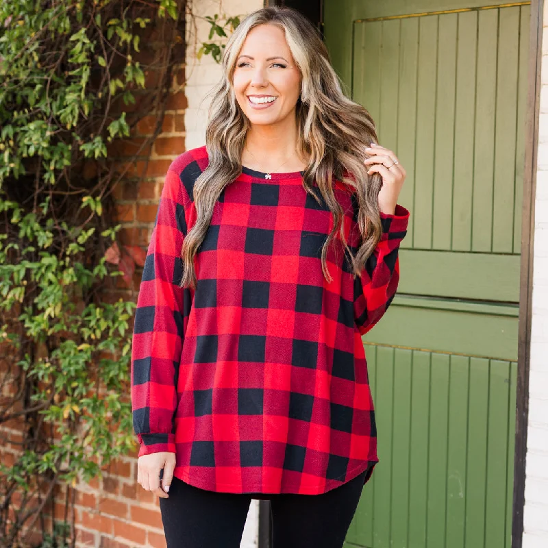 Soft Feel Curved Hem Slouchy Dolman Tunic, Red Plaid