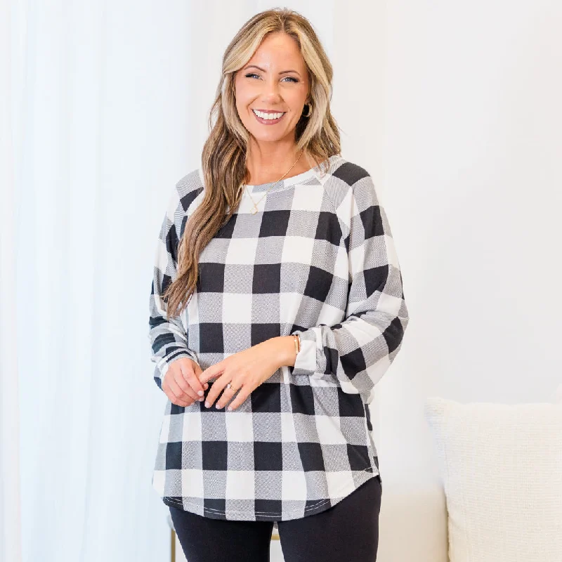 Leisure Travel Curved Hem Slouchy Dolman Tunic, White Plaid