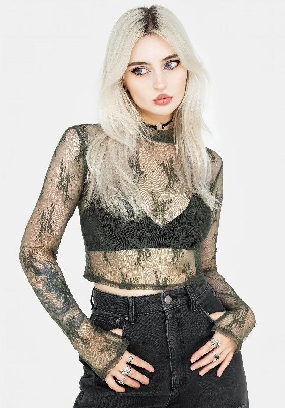 Elegant Temperament Eternal Lace Long Sleeve Crop Top - Green