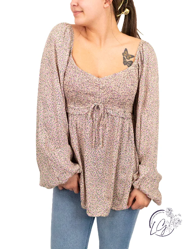 Free And Comfortable Floral Fantasy Bubble Sleeve Blouse
