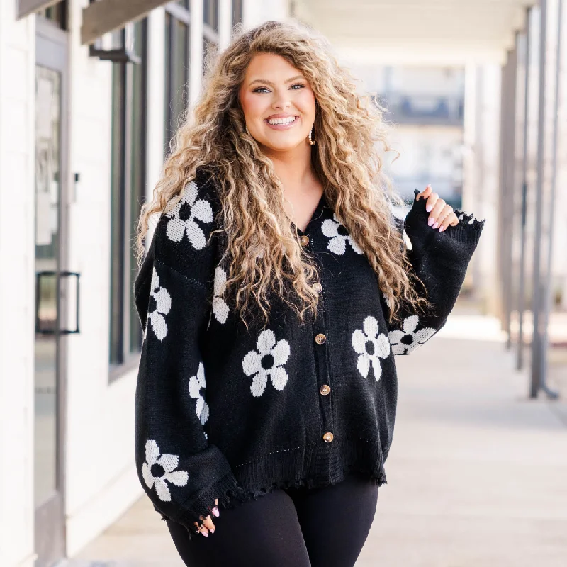 Relaxed Fit Leave Flowers Cardigan, Black