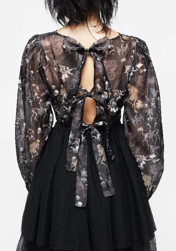 British Fashion Melancholia Puff Sleeve Tie Back Organza Crop Top