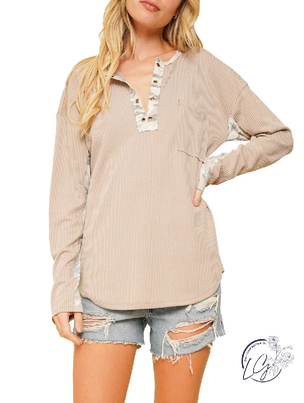 Retro Fashion My Point of View Camo Eyelet Henley Top