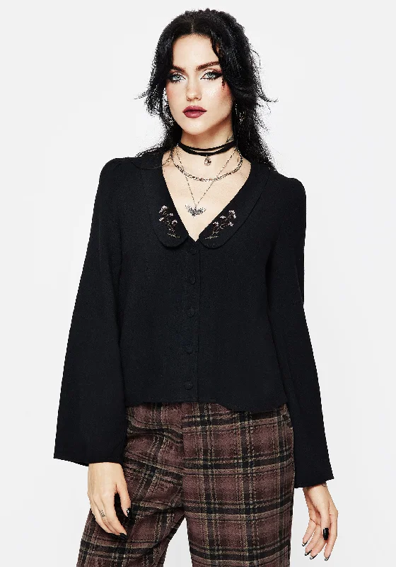 Casual Comfort Penstemon Floral Embroidered Collar Top