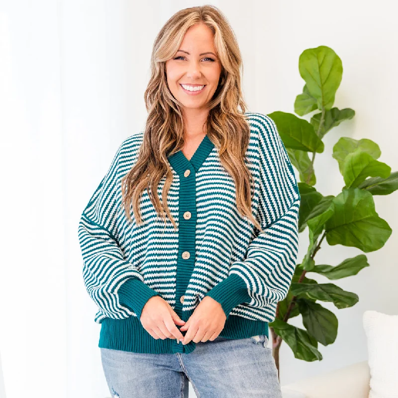 Easygoing Style Snuggly Stripe Button-Up Sweater, Jade Green-Ivory