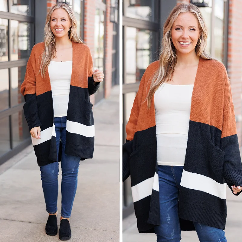 Trendy Comfort Staying Snuggled Up Cardigan, Rust-Black-Ivory
