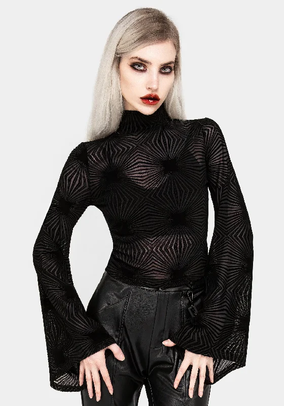 Elegant Dressing Strobe Flocked Mesh Flare Sleeve Top