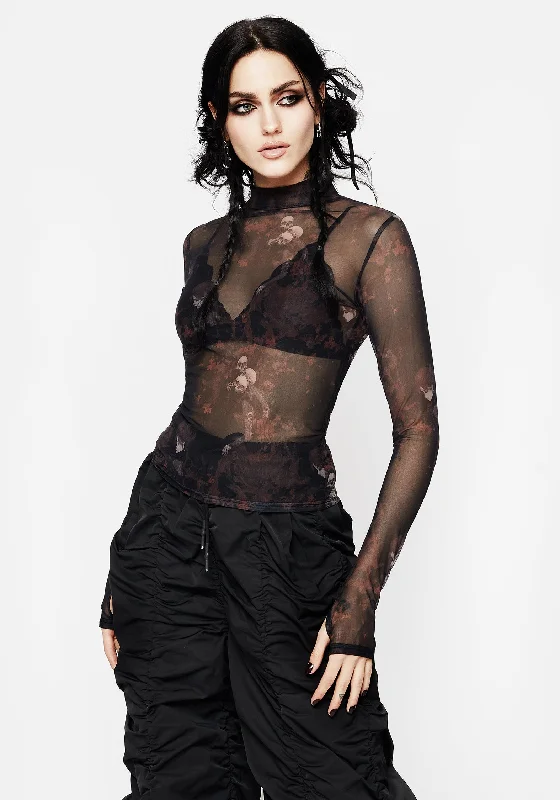Thin Design Underworld Printed Mesh High Neck Top