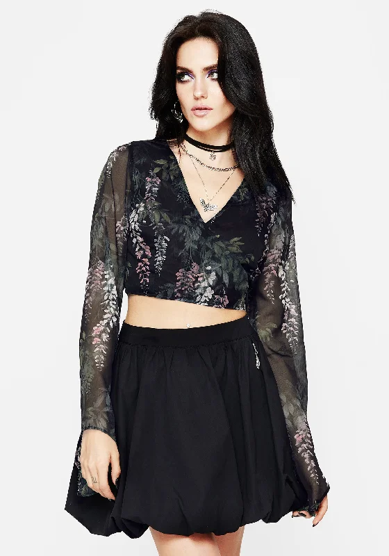 All-Day Outfits Wisteria Floral Print Chiffon Bell Sleeve Wrap Tie Top